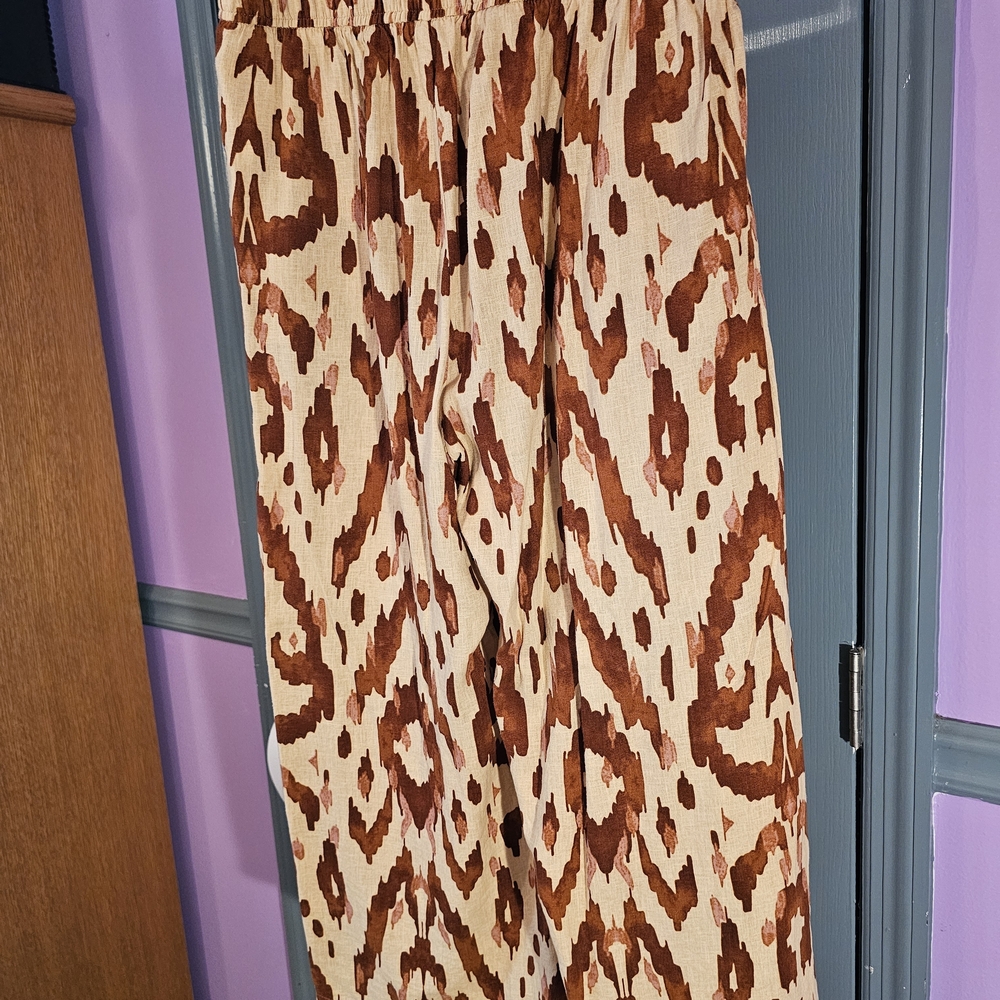 Nicole Miller Brown and Cream Patterned Wide Leg Pants